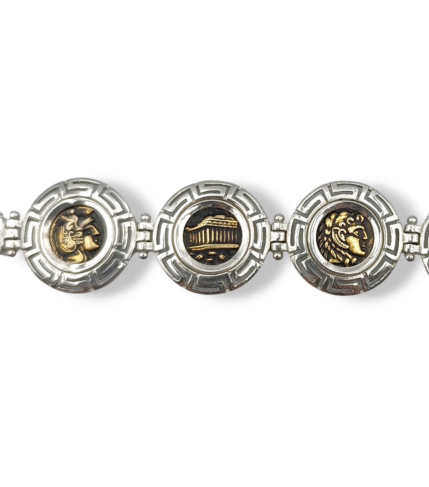 Silver 9 Greek scenes bracelet with Meander design