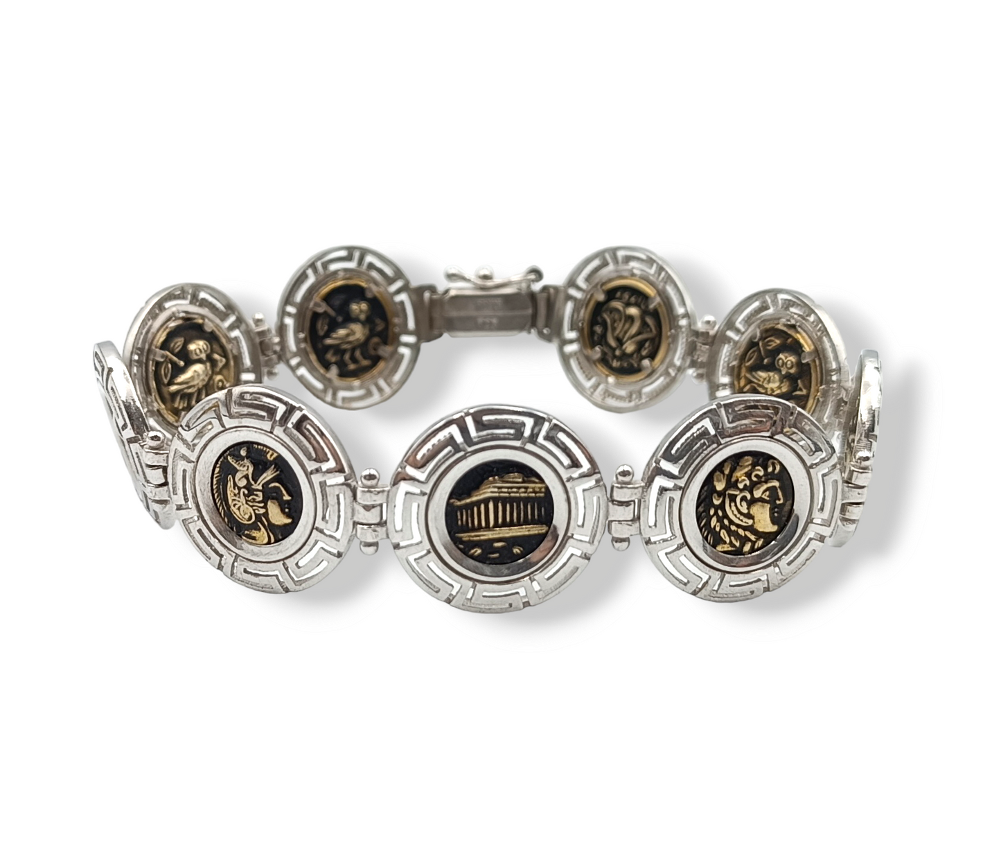 Silver 9 Greek scenes bracelet with Meander design