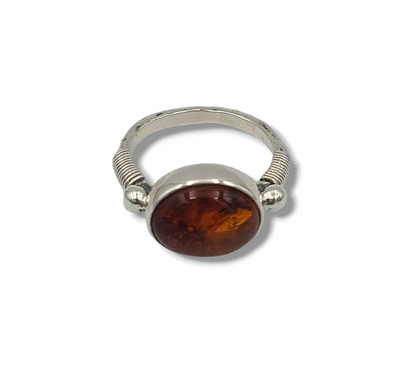 Silver byzantine style ring with Amber stone