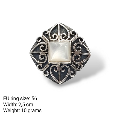 Silver byzantine style ring with mother of pearl stone and Patine technique