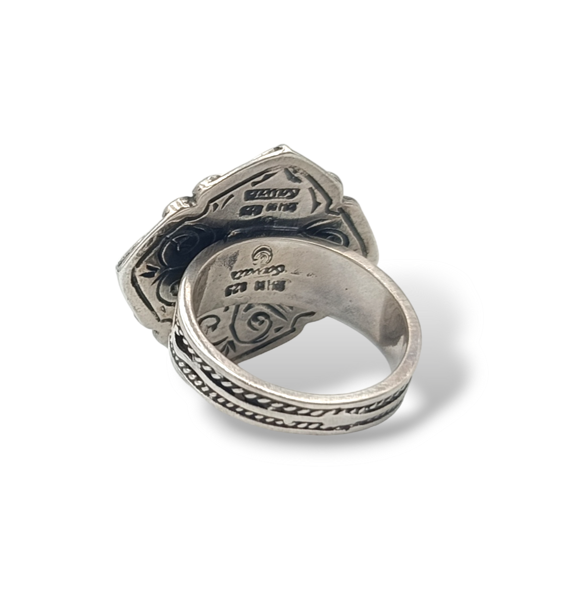 Silver byzantine style ring with mother of pearl stone and Patine technique