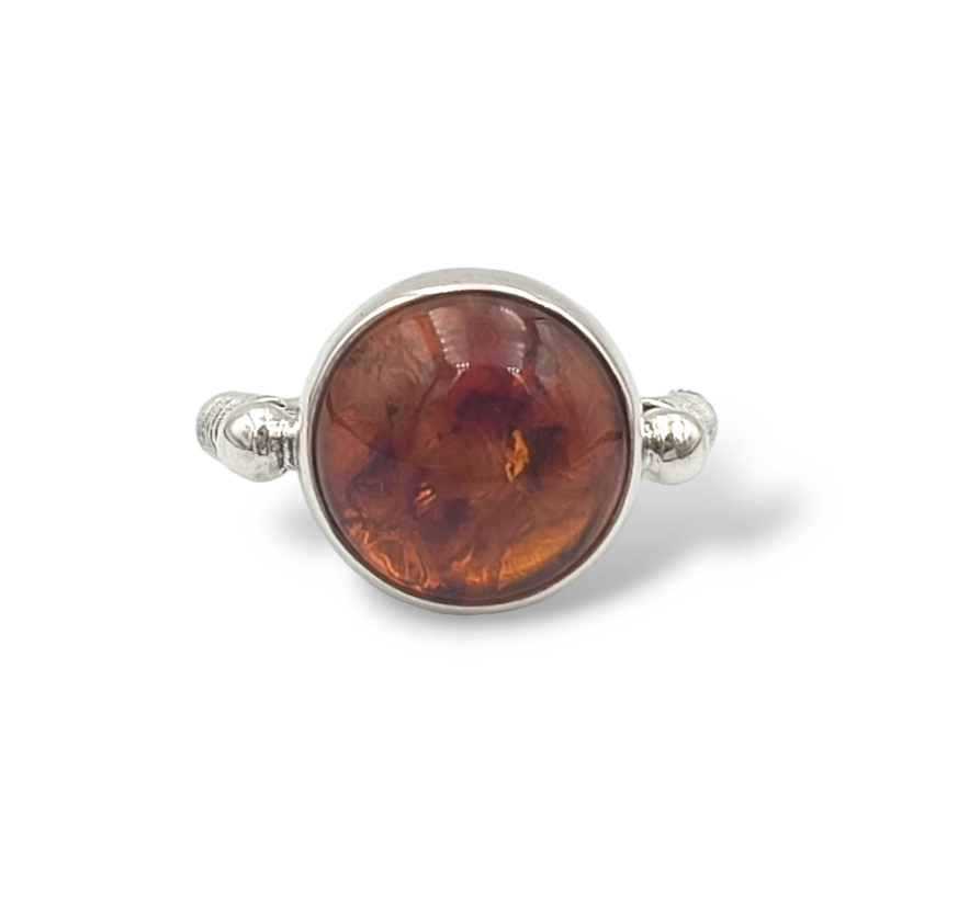 Silver byzantine style ring with Amber stone