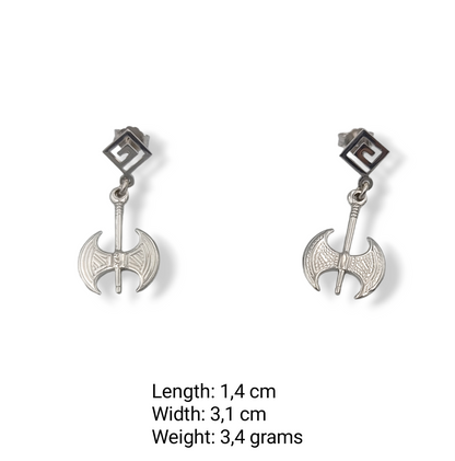 Silver Minoan double-axe and Meander design earrings