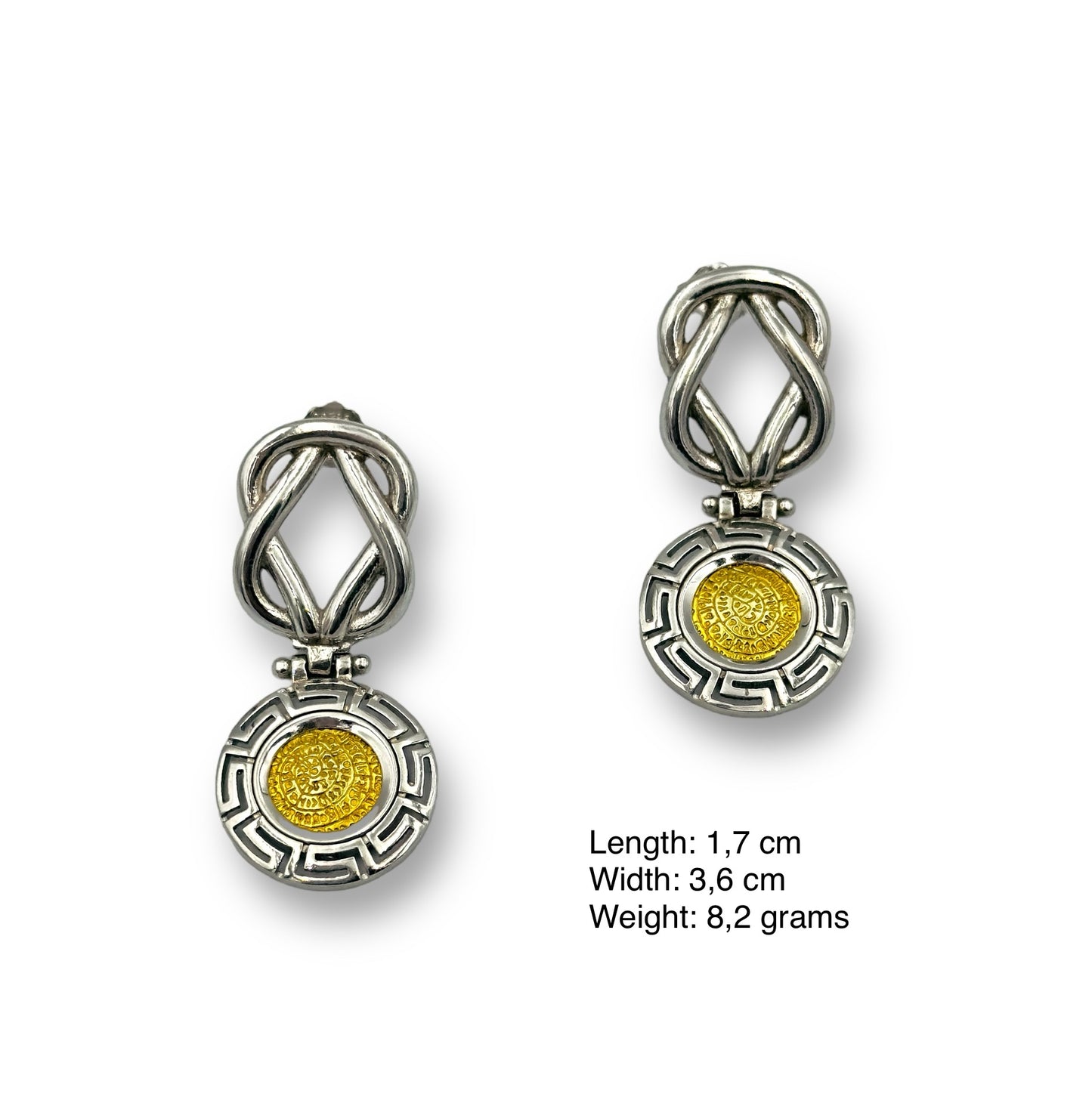 Silver two-toned Gordian knot, Meander and Disc of Phaistos design earrings