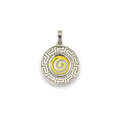 Silver two-toned Spiral design pendant enclosed with Meander design