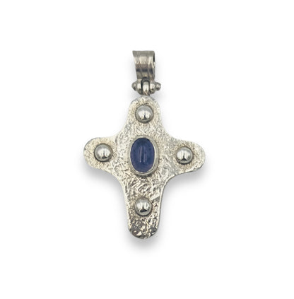 Silver Cross pendant with synthetic blue stone