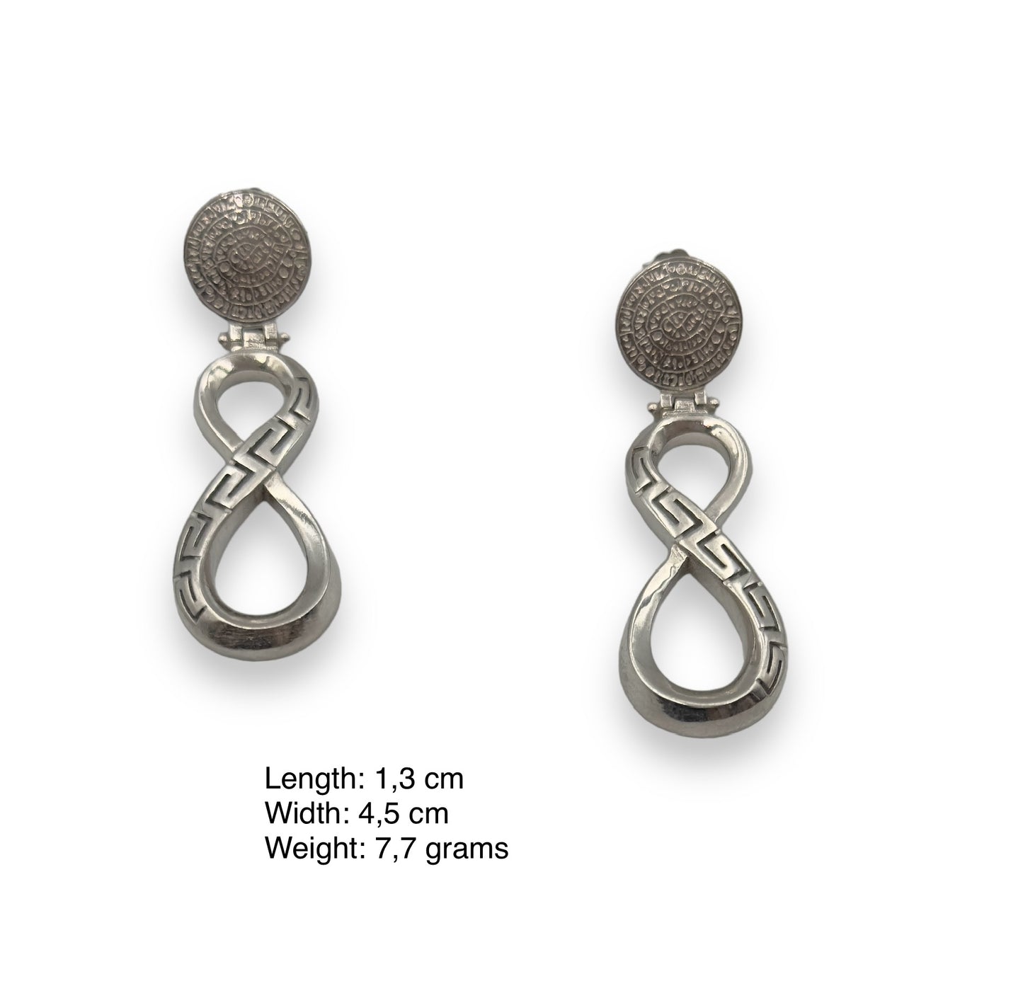 Silver infinity, Meander and Disc of Phaistos design earrings