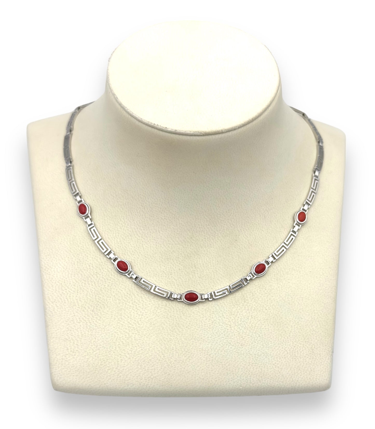 Silver Meander design necklace with red Coral stone