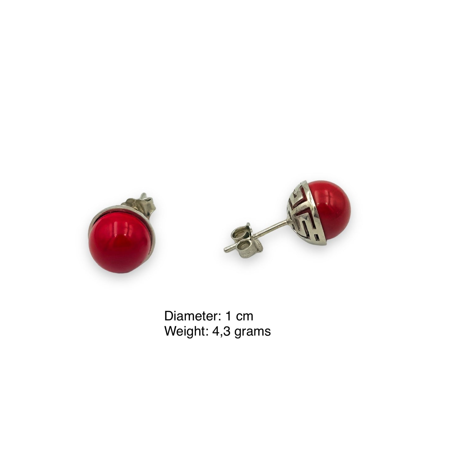 Silver Meander design earrings with red Coral stones