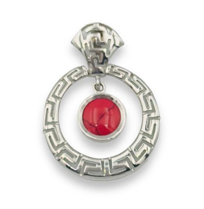 Silver Meander design pendant with red Coral stone