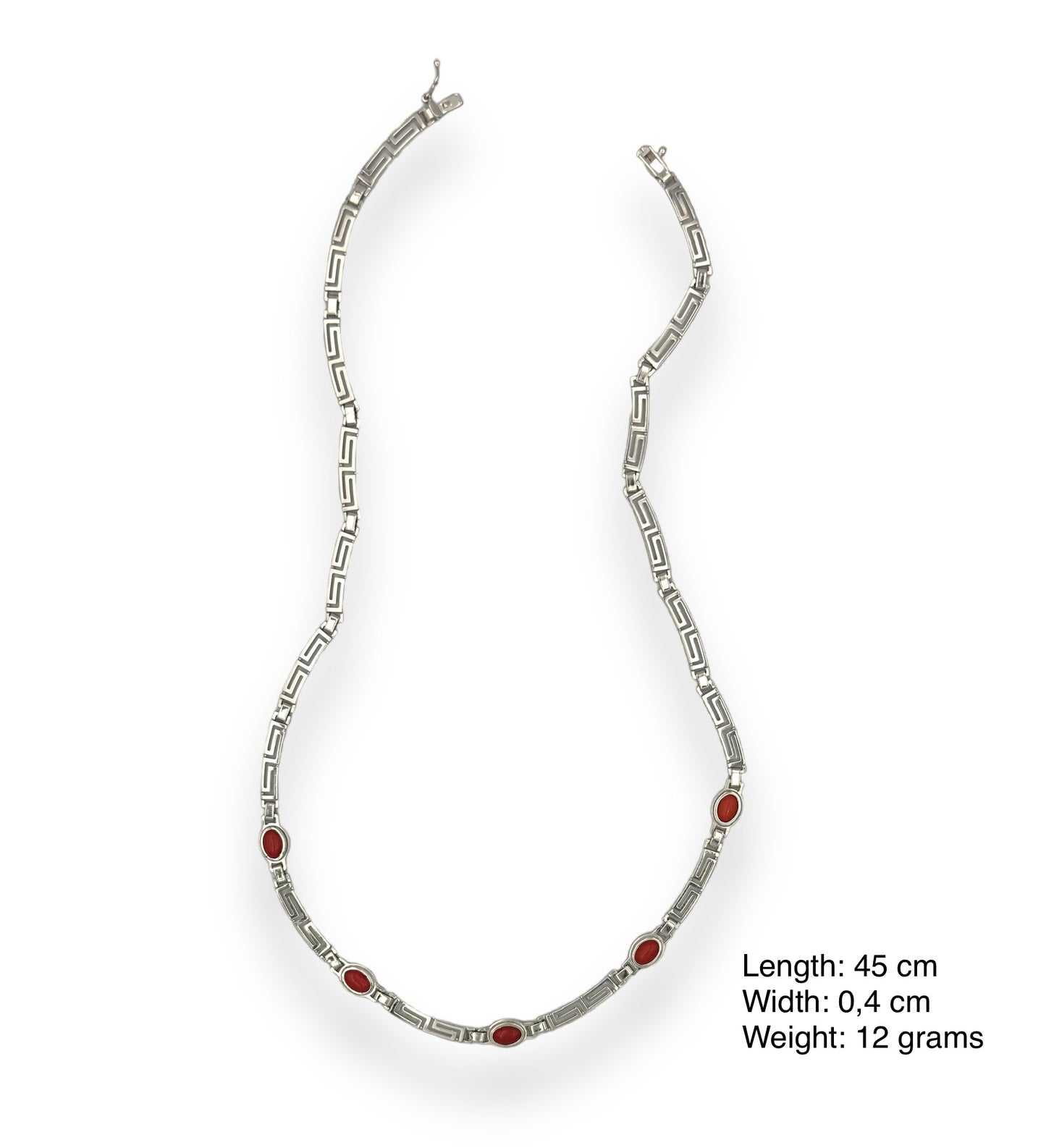 Silver Meander design necklace with red Coral stone