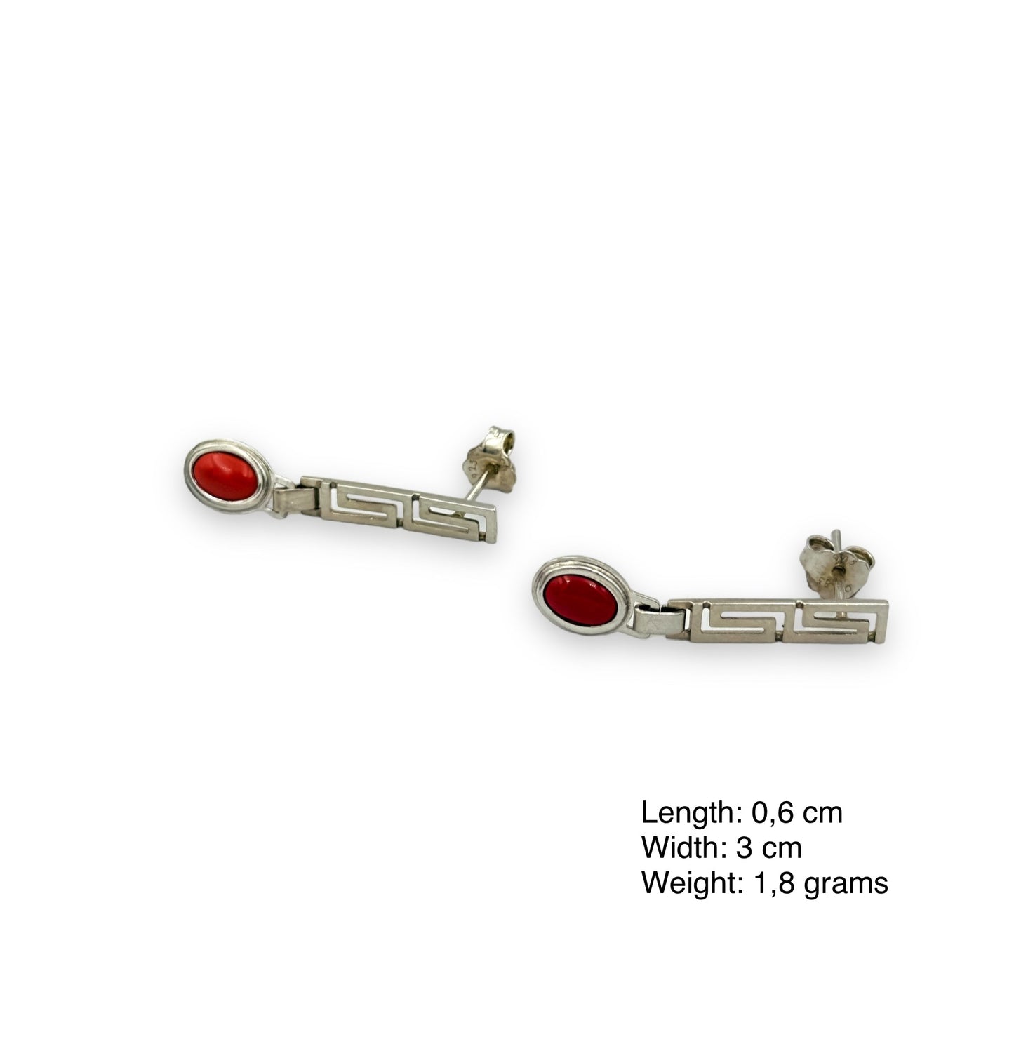 Silver Meander design earrings with red Coral or blue synthetic Opal stones