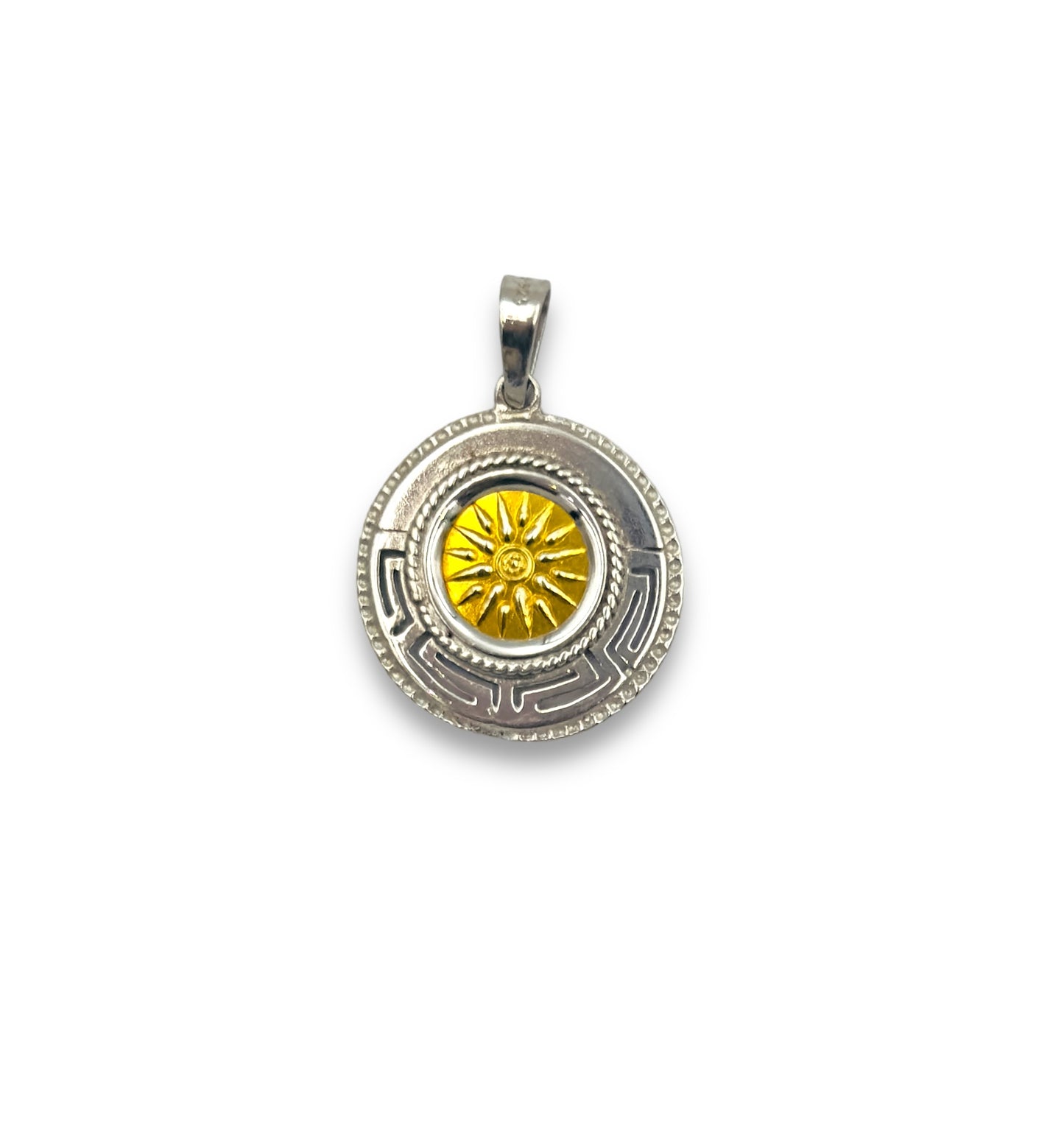 Silver two-toned Sun of Vergina pendant enclosed with Meander design
