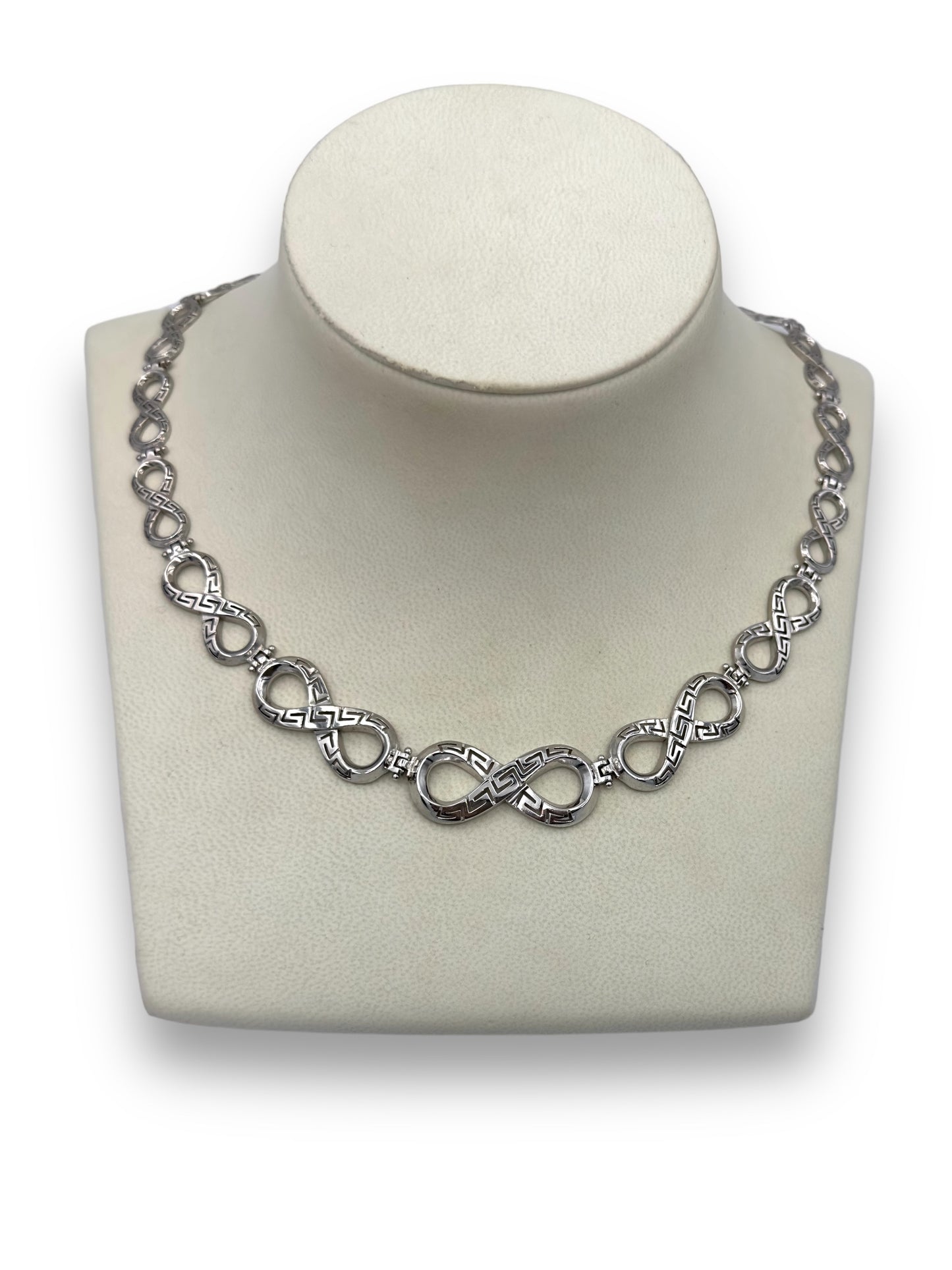 Silver degrade infinity and Meander  design necklace