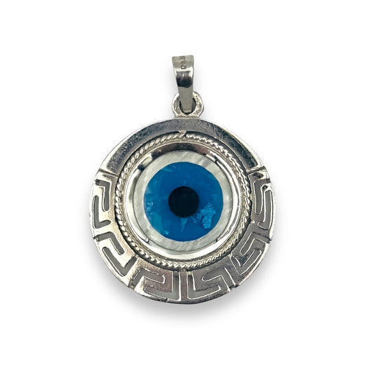 Silver Evil eye pendant enclosed with Meander design