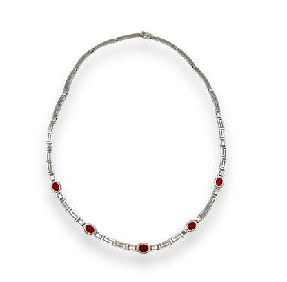 Silver Meander design necklace with red Coral stone