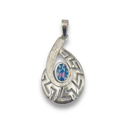 Silver Meander design pendant with blue synthetic Opal stone