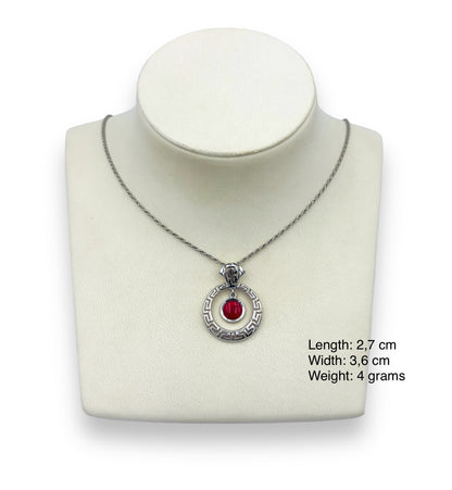Silver Meander design pendant with red Coral stone