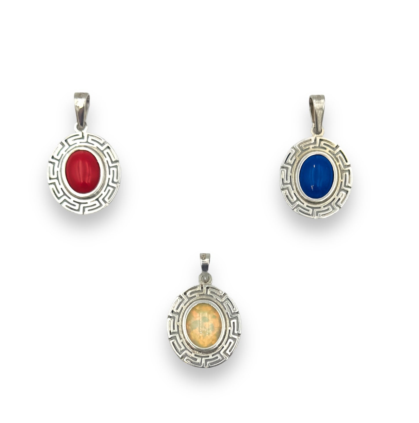Silver Meander design pendant with Lapis Lazuli or red Coral or white Opal stone