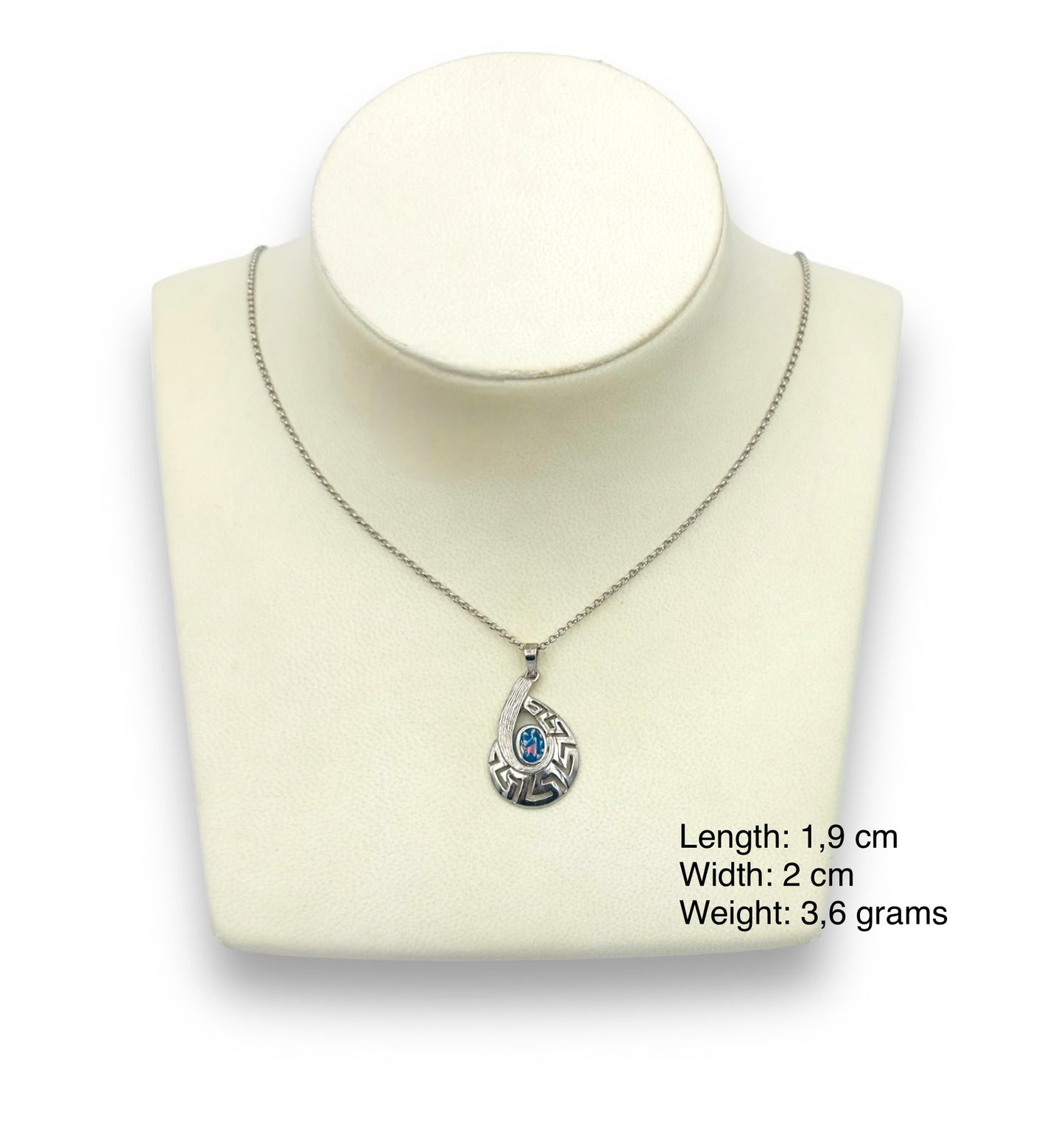 Silver Meander design pendant with blue synthetic Opal stone