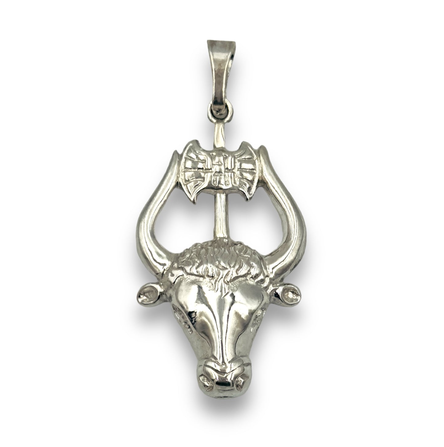 Silver Minoan Minotaur and double-axe pendant
